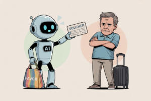 Editorial cartoon illustration of a smiling AI robot with "AI" labeled on its chest holding out a paper voucher in one hand and a colorful striped "Favor" shopping bag in the other, while a frustrated middle-aged man in a blue polo shirt stands with arms crossed next to his black rolling suitcase refusing the offer, illustrating how travel companies use automated systems to push customers into accepting vouchers instead of legally required cash refunds