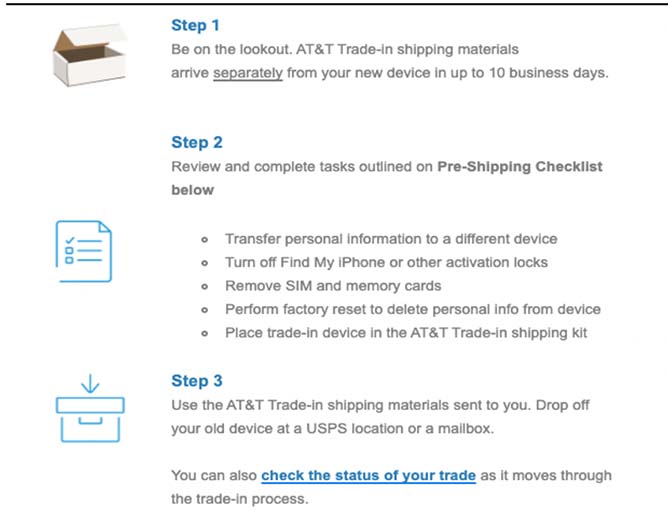 AT&T provides trade-in instructions for consumers who hope to qualify for a rebate.