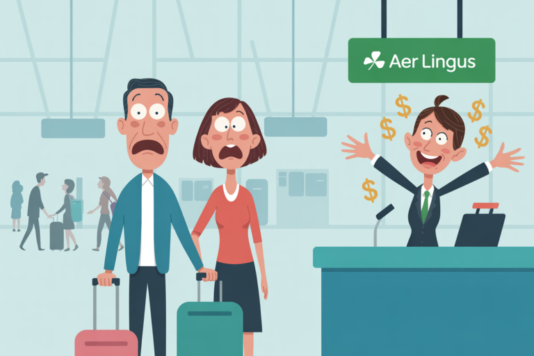 Cartoon of a shocked couple with rolling suitcases at an airport as a grinning airline agent throws up his arms amid floating dollar signs beneath an Aer Lingus sign.