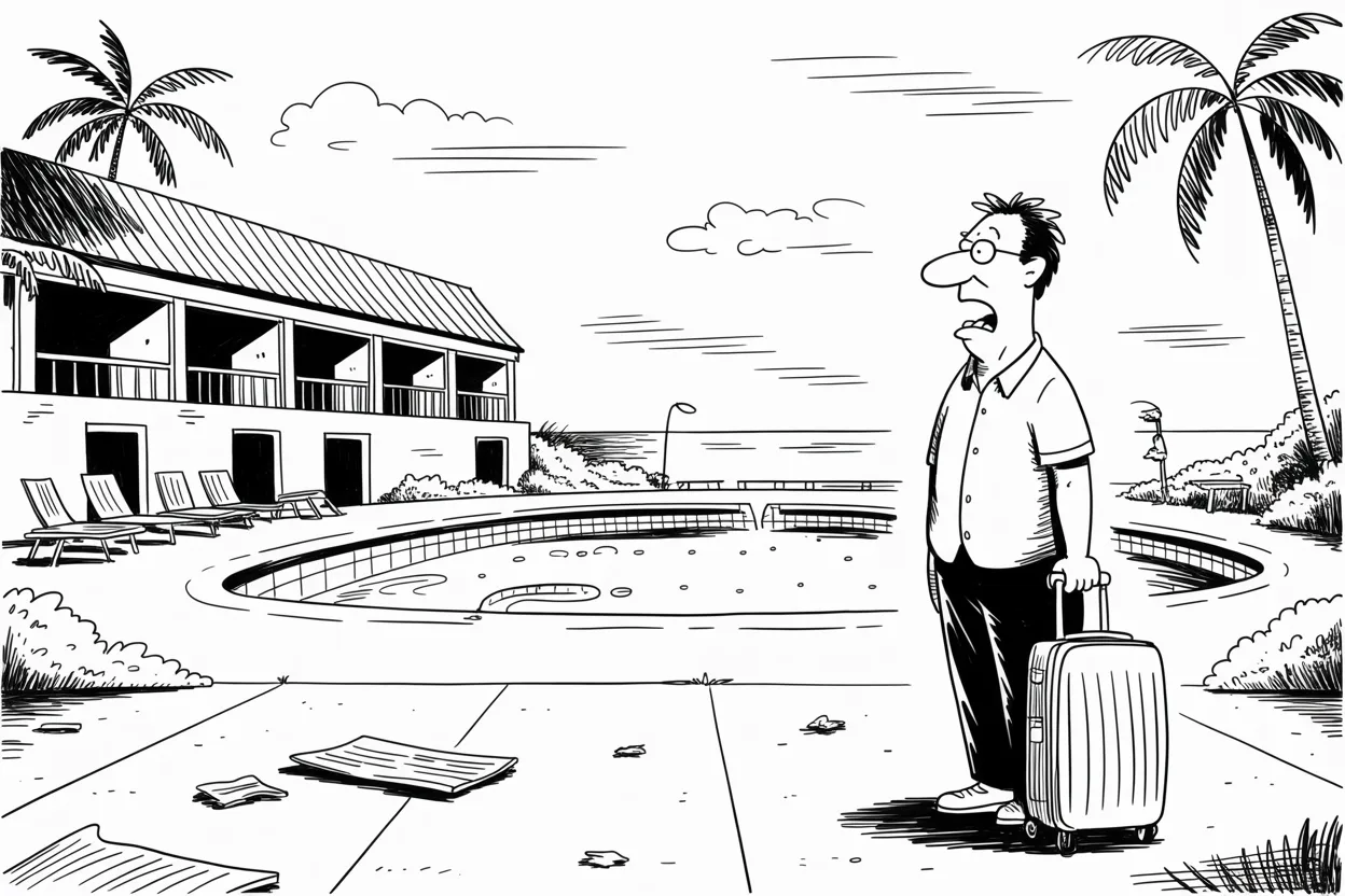 Traveler with a suitcase staring at an empty resort pool surrounded by scattered storm debris