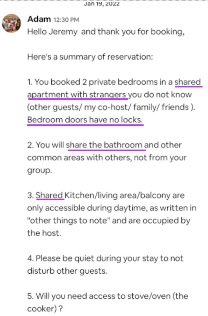 The Airbnb host sent this surprise list of house rules after the guest paid for what he thought was a entire home. 