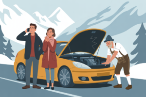 Illustration of a worried couple beside a yellow rental car with its hood up on a snowy Alpine road, the man on his phone for roadside help as a man in lederhosen inspects the dead engine.