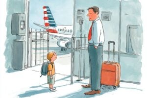 Watercolor editorial illustration of a father in a white shirt and red tie standing with his young son who carries a backpack at an American Airlines departure gate, with an American Airlines plane visible through the window beyond the closed gate door, illustrating how families get separated when airlines pull passengers from boarding lines and document involuntary bumping as voluntary