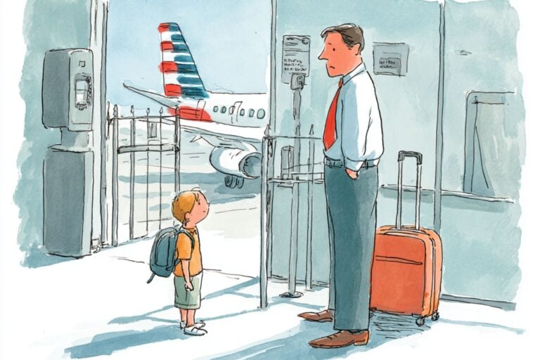 Watercolor editorial illustration of a father in a white shirt and red tie standing with his young son who carries a backpack at an American Airlines departure gate, with an American Airlines plane visible through the window beyond the closed gate door, illustrating how families get separated when airlines pull passengers from boarding lines and document involuntary bumping as voluntary
