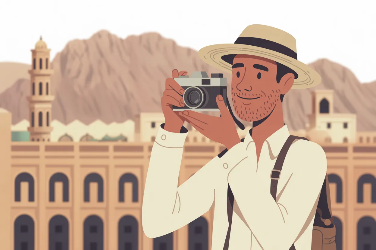 A traveler in a straw hat frames a shot with a 35 mm film camera in an old desert city