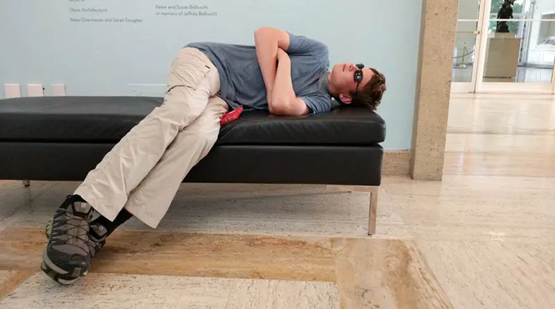 Aren Elliott at the Portland Art Museum in 2017. Museums are not for sleeping -- or are they?