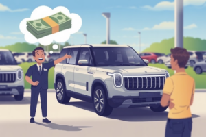 Cartoon of a grinning car salesman with a cash-filled thought bubble gesturing toward a white SUV as a customer stands with arms crossed at a dealership lot.