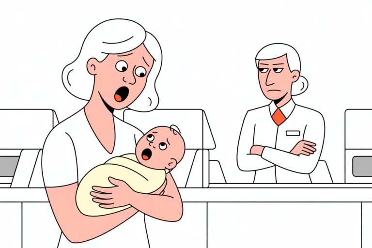 Cartoon of a distressed mother holding a swaddled newborn at an airport counter while an unmoved agent stands with arms crossed.