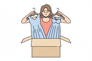 Illustration of an unhappy woman holding up two pale blue dresses on hangers over an open cardboard shipping box, preparing to return the gowns she ordered online.