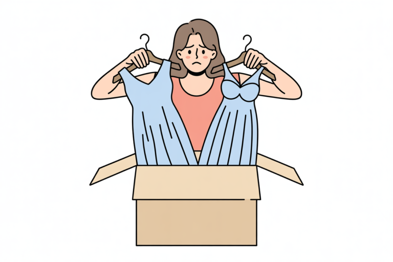 Illustration of an unhappy woman holding up two pale blue dresses on hangers over an open cardboard shipping box, preparing to return the gowns she ordered online.