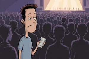 Cartoon of a disappointed concertgoer holding a ticket stub while standing in a packed crowd far from a brightly lit stage where performers appear as tiny distant figures.