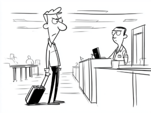 Black and white cartoon of an annoyed traveler with a rolling suitcase glaring at an airline agent behind a check-in counter.
