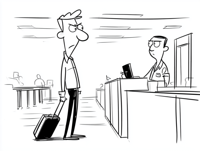 Black and white cartoon of an annoyed traveler with a rolling suitcase glaring at an airline agent behind a check-in counter.