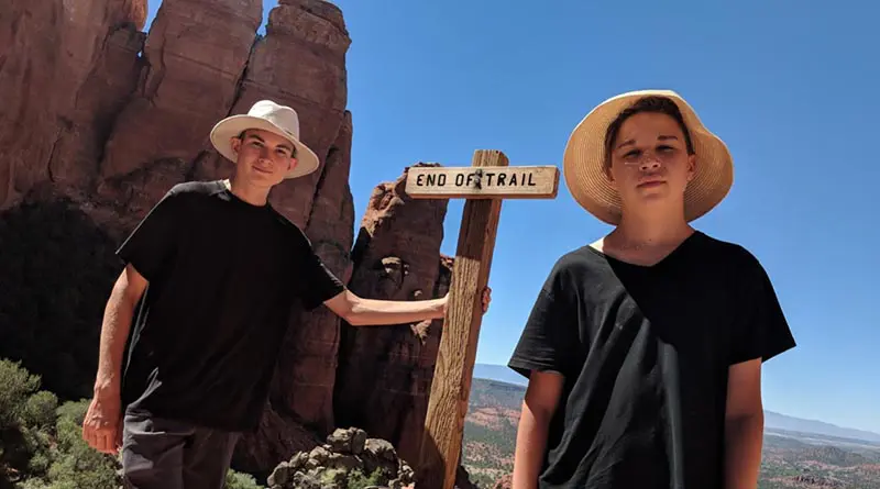 Aren and Iden Elliott at the top of Cathedral Rock in Sedona, Ariz.