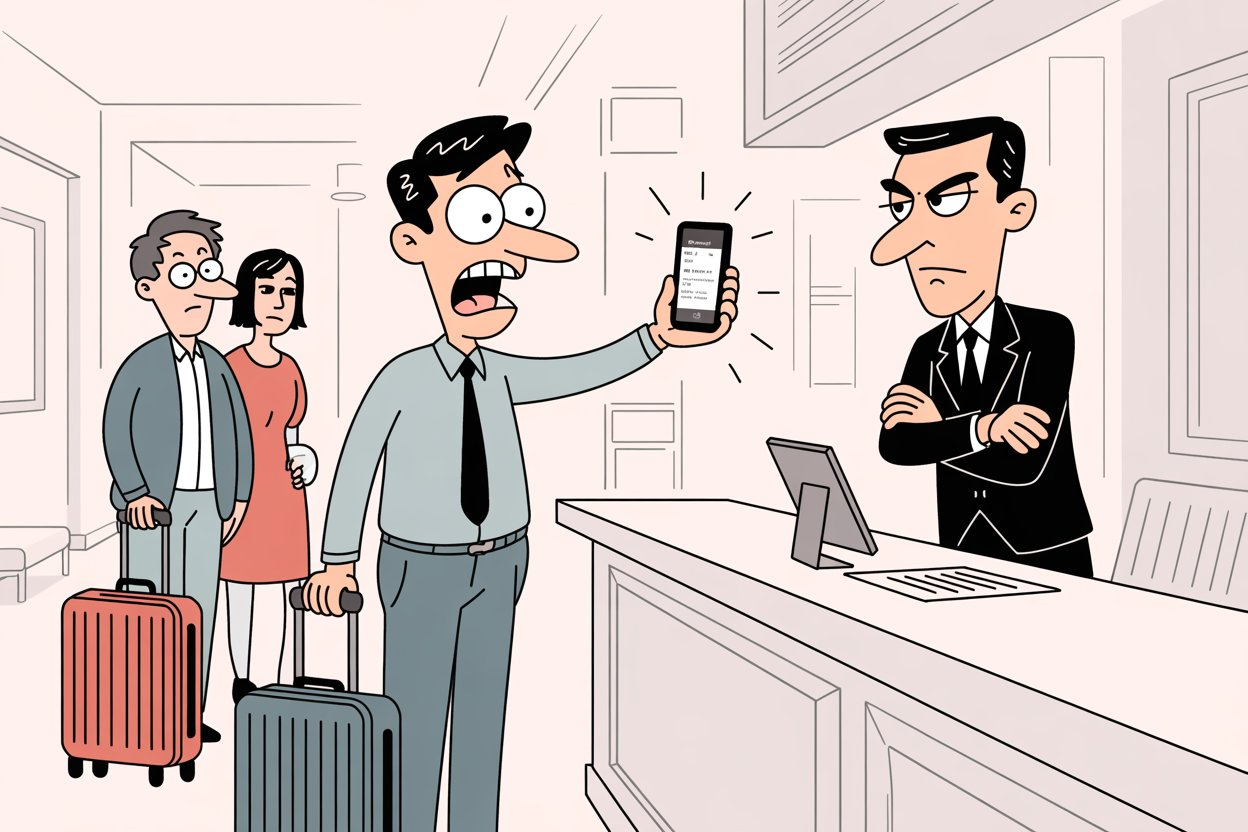 Cartoon of a frustrated traveler holding up his phone at a hotel front desk while a stern clerk stands with folded arms and two companions wait with luggage.