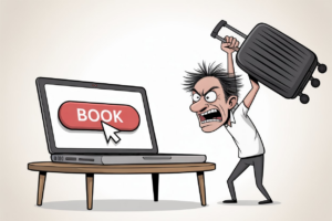 Cartoon of a furious, wild-haired traveler raising a suitcase overhead as if to smash a laptop that displays a large red "BOOK" button on its screen.