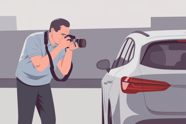 Illustration of a man with a camera on a neck strap crouching to photograph the rear of a white rental car in a parking area, documenting its condition.