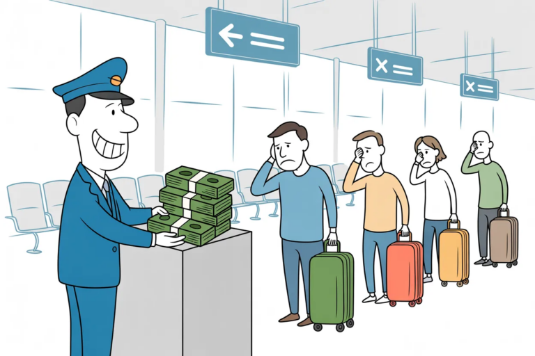 A grinning border officer stacks bundles of cash on a podium as a line of weary travelers waits