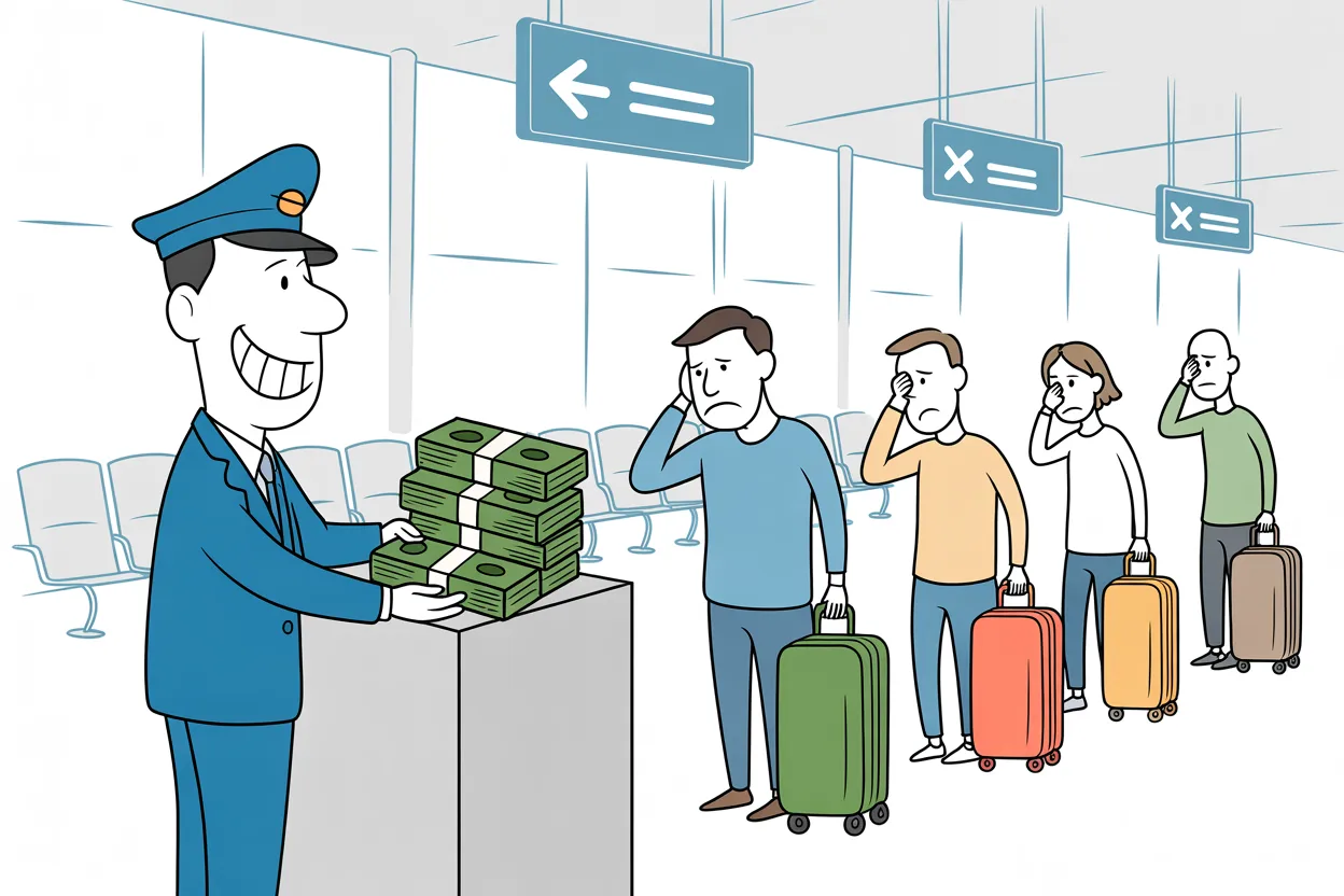 A grinning border officer stacks bundles of cash on a podium as a line of weary travelers waits