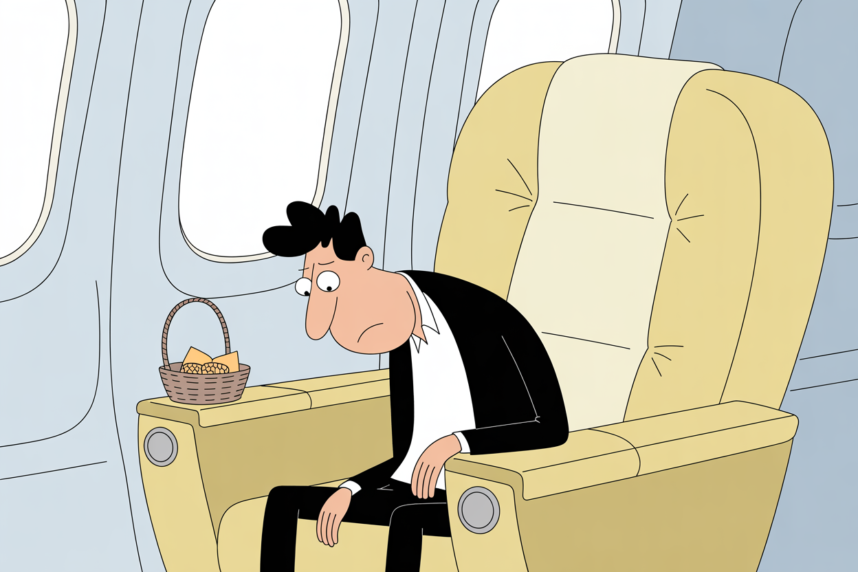 Passenger in a first class seat looking down at a small basket of snacks on the armrest