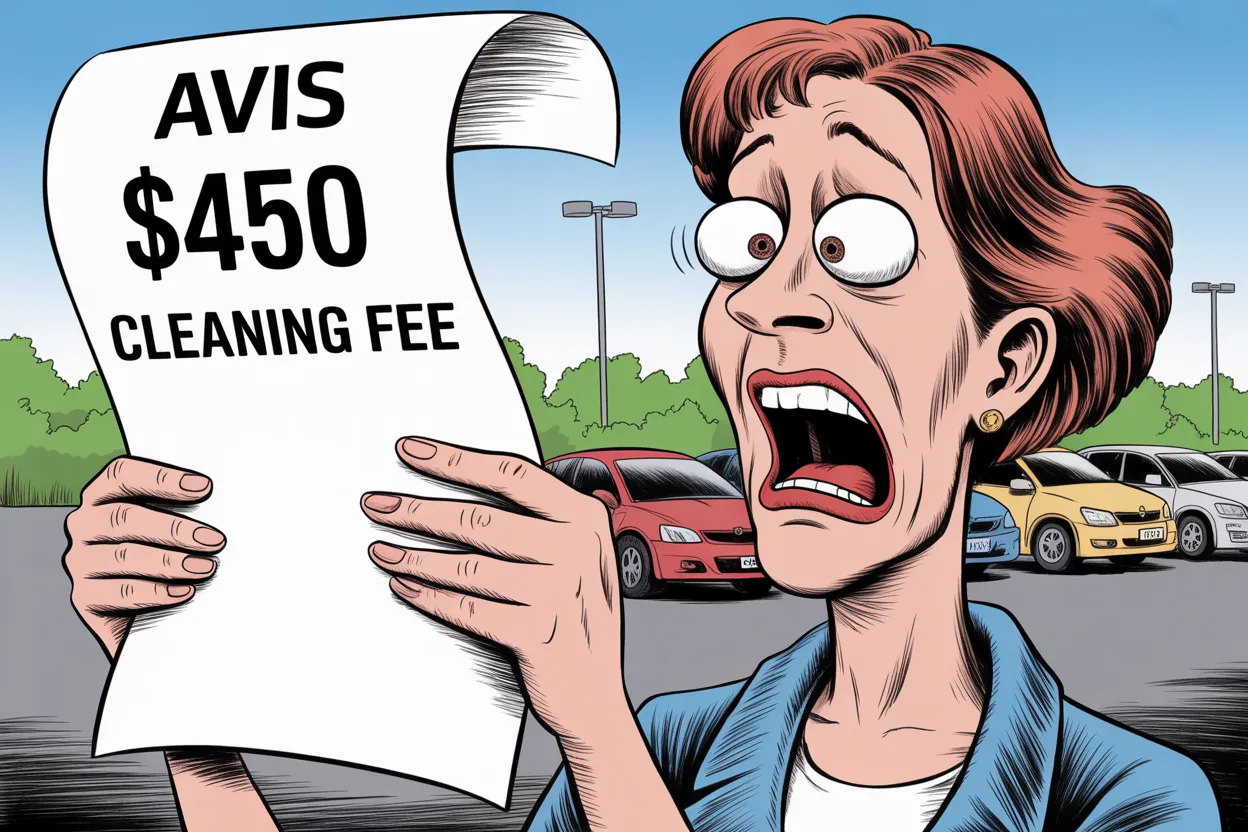 ar rental customer staring open-mouthed at a receipt reading Avis $450 cleaning fee