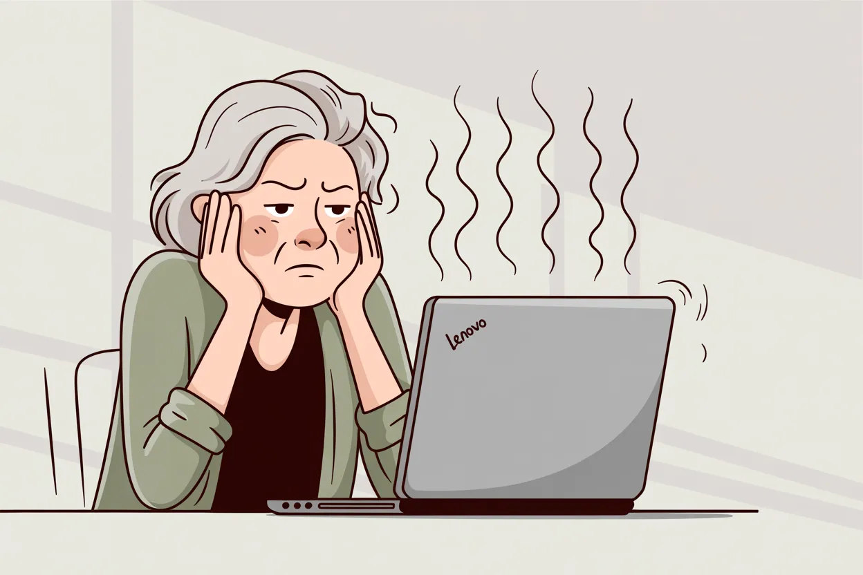 A worried woman holds her head in her hands beside an overheating laptop giving off heat waves