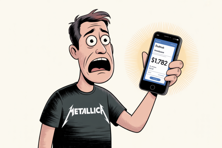 Cartoon of a distressed man in a Metallica T-shirt staring at his phone, which displays a glowing StubHub invoice for $1,782.
