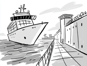 Black and white cartoon of a cruise ship docked beside a high prison wall topped with razor wire and a guard tower.