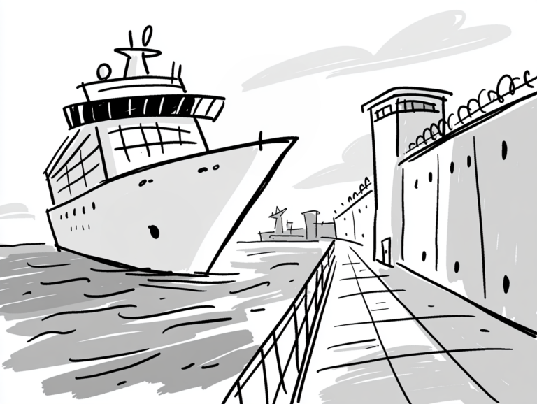 Black and white cartoon of a cruise ship docked beside a high prison wall topped with razor wire and a guard tower.