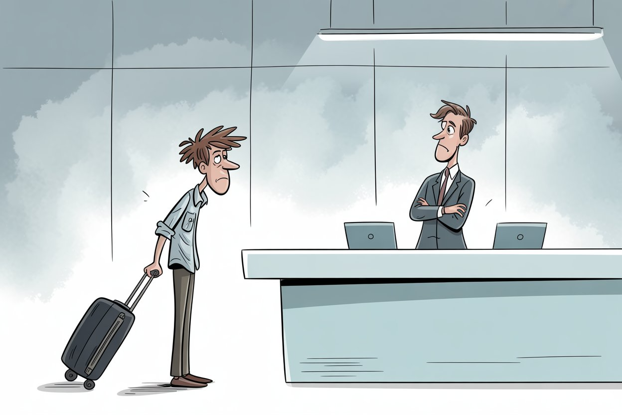 Your flight's been delayed over and over. But when you ask a lone worker staffing the customer service counter for help, he just shrugs. There's no meal voucher, no compensation — not even an apology. Just an indifferent employee telling you to deal with it.