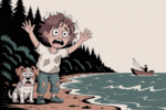 Cartoon of a frazzled, dirt-smudged hiker waving both arms for help on a wooded shoreline beside her startled terrier, as a fisherman in a small boat approaches across the water.