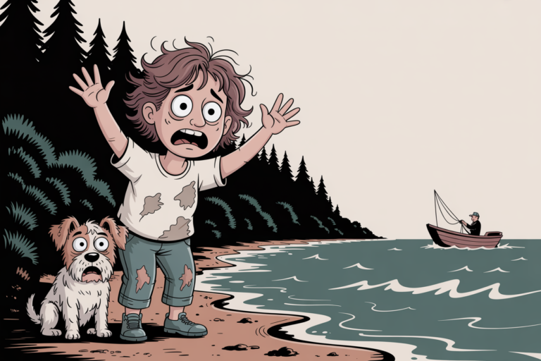 Cartoon of a frazzled, dirt-smudged hiker waving both arms for help on a wooded shoreline beside her startled terrier, as a fisherman in a small boat approaches across the water.