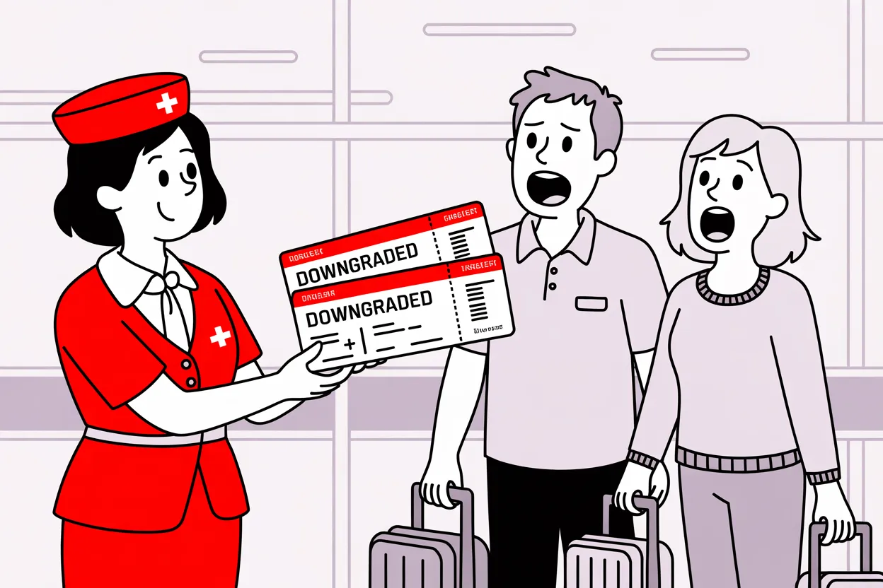 A smiling airline agent hands a dismayed couple two boarding passes each stamped Downgraded