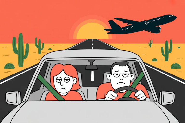 Cartoon of a weary couple driving a car down a straight desert highway lined with cactuses at sunset, as an airplane flies overhead.
