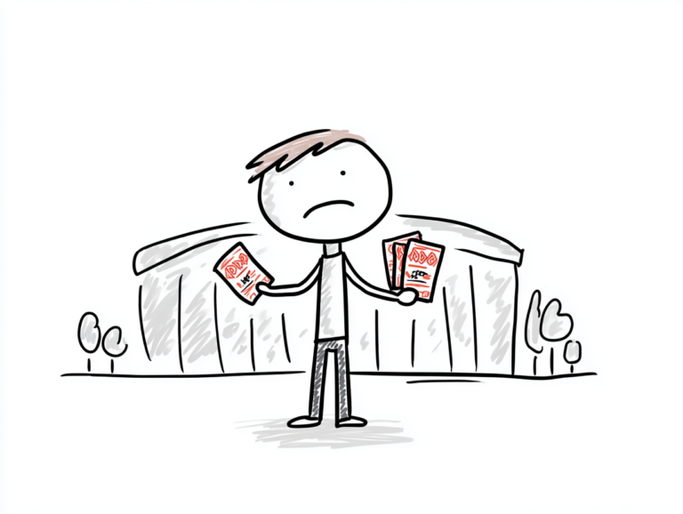 A dismayed concertgoer holds two tickets in front of a large stadium