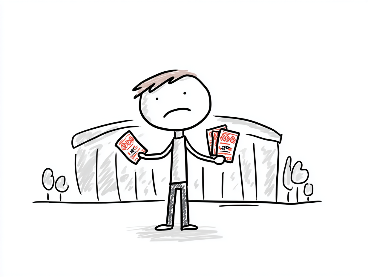 A dismayed concertgoer holds two tickets in front of a large stadium