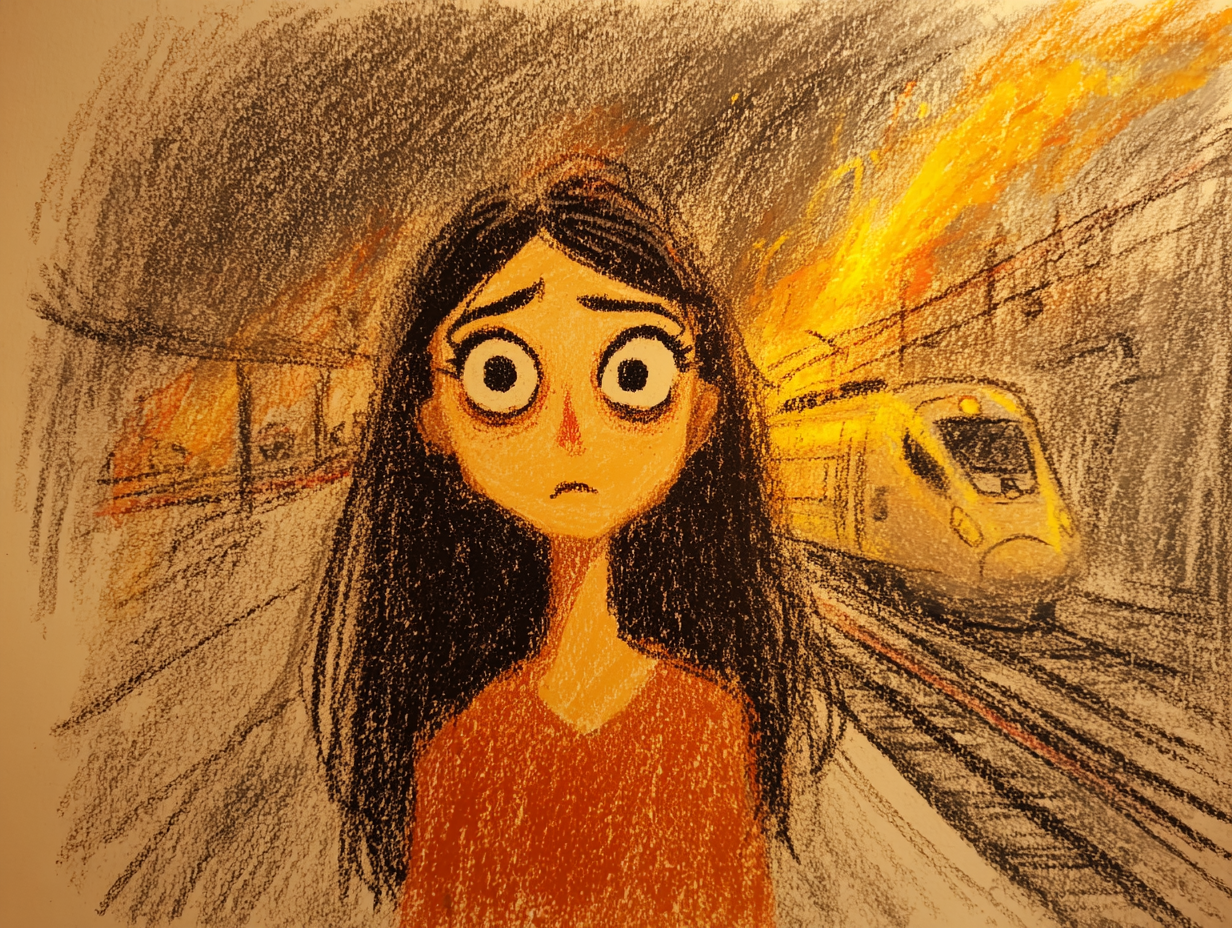 An illustration of a worried young woman standing at a train station as fire and smoke rise over the rail lines and a high-speed train behind her, evoking the arson attack that disrupted her travel in France.