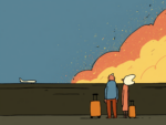 Editorial illustration of a couple standing on a dark airport tarmac with two orange roller suitcases, watching from a distance as a fiery orange and yellow explosion cloud rises into the blue sky beyond, with a small white airplane visible on the horizon, illustrating the uncertainty of booking summer vacation travel during an active geopolitical conflict in the Middle East
