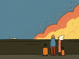 Editorial illustration of a couple standing on a dark airport tarmac with two orange roller suitcases, watching from a distance as a fiery orange and yellow explosion cloud rises into the blue sky beyond, with a small white airplane visible on the horizon, illustrating the uncertainty of booking summer vacation travel during an active geopolitical conflict in the Middle East