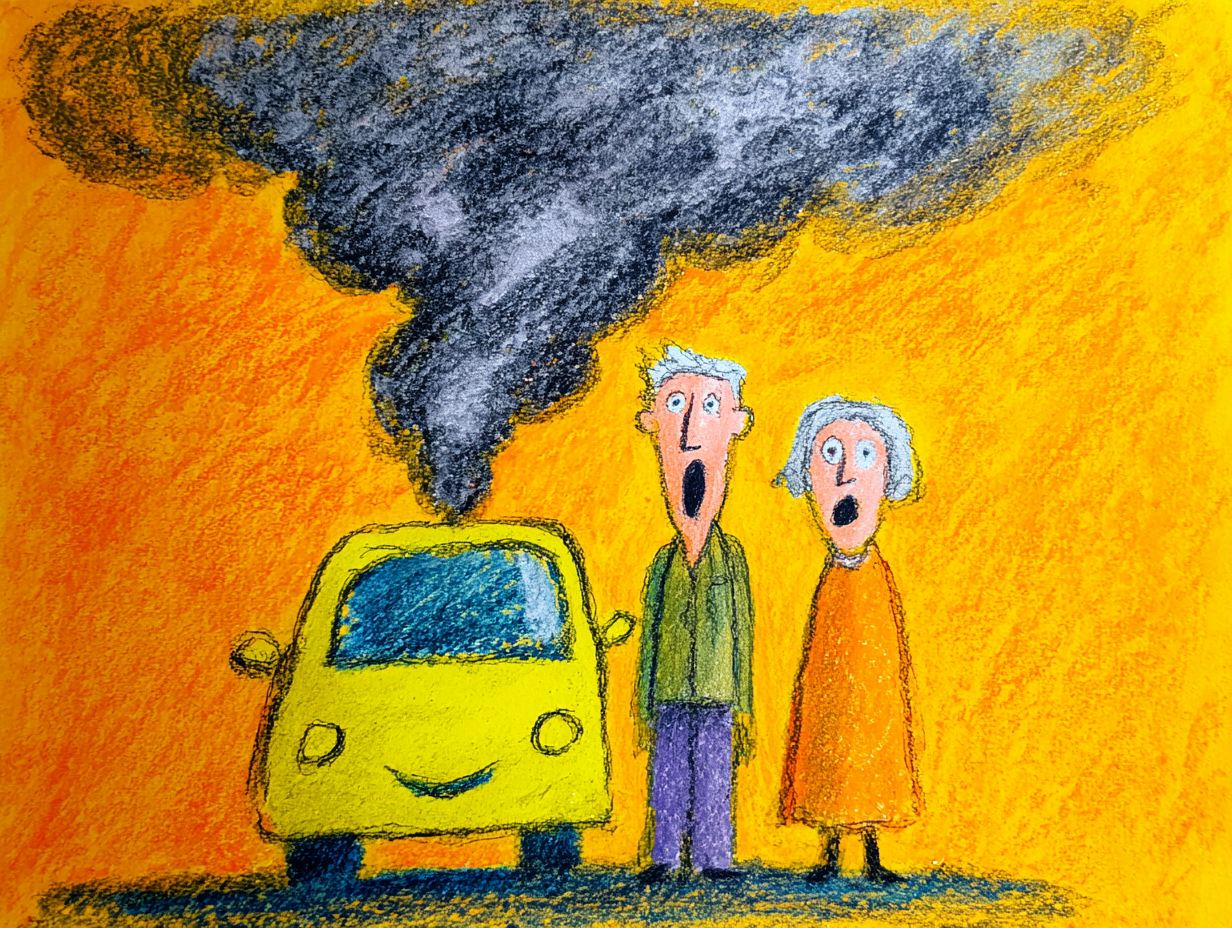 Stunned older couple standing beside a small car with a plume of dark smoke rising from it