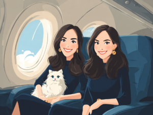 Cartoon of two identical women seated side by side in adjacent airplane seats, one of them holding a white cat.