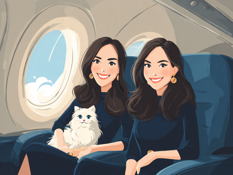 Cartoon of two identical women seated side by side in adjacent airplane seats, one of them holding a white cat.