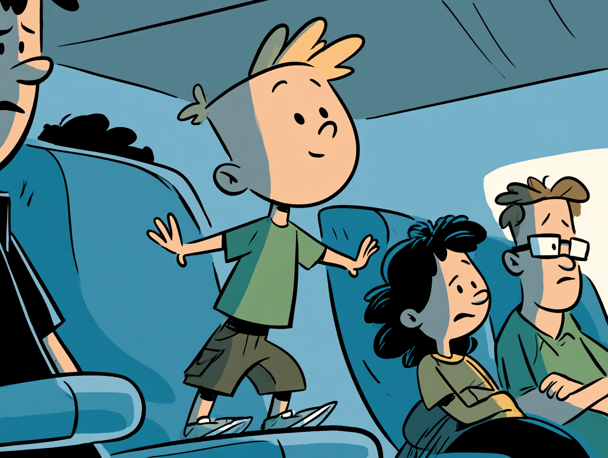 Young child standing on an airplane seat while nearby passengers watch with concern