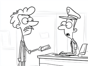 Black and white cartoon of a traveler handing his passport across a desk to a uniformed border officer at passport control.