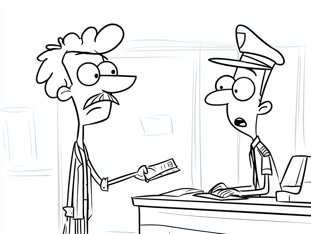 Black and white cartoon of a traveler handing his passport across a desk to a uniformed border officer at passport control.