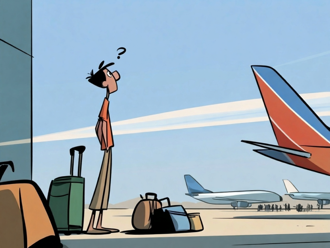 Traveler with luggage on an airport ramp looking up in confusion, a question mark above his head