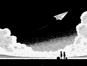 Black and white cartoon of a small couple with suitcases standing on a dark horizon, watching a paper airplane folded from a banknote fly up and away into a vast cloudy sky.