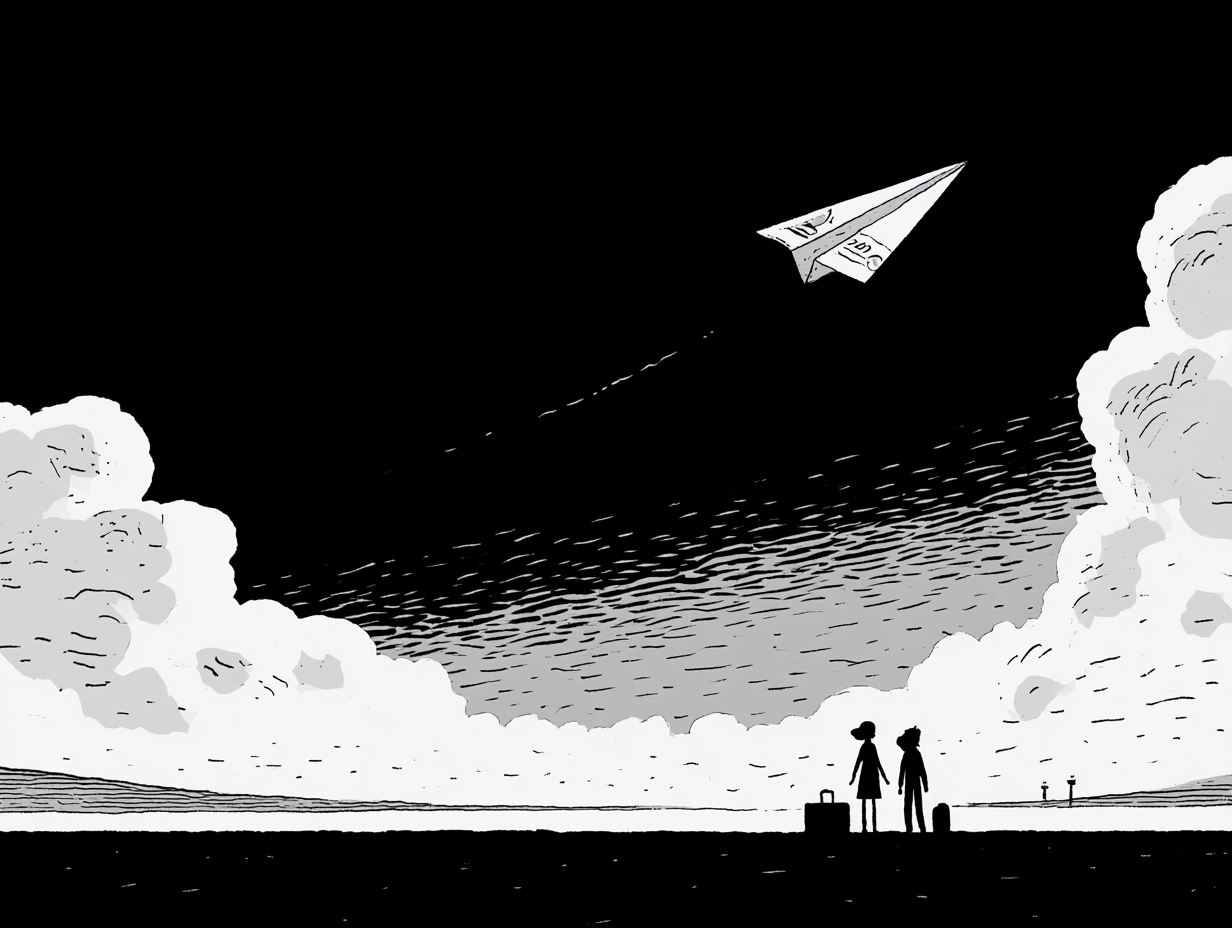 Black and white cartoon of a small couple with suitcases standing on a dark horizon, watching a paper airplane folded from a banknote fly up and away into a vast cloudy sky.