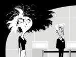 Black and white cartoon of a woman with wild, disheveled hair glaring angrily near an airport check-in counter as a wary uniformed agent watches her from behind the desk. airline blacklist