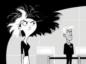 Black and white cartoon of a woman with wild, disheveled hair glaring angrily near an airport check-in counter as a wary uniformed agent watches her from behind the desk. airline blacklist